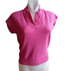 Medium Vintage 70's Pink Terrycloth Disco Top Rayon Button-Up Collar